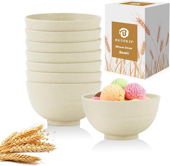 Beige Wheat Straw Bowls, 10 OZ Snack Bowl Set of 8, Unbreakable Ice Cream Bowl by BUSOKIP