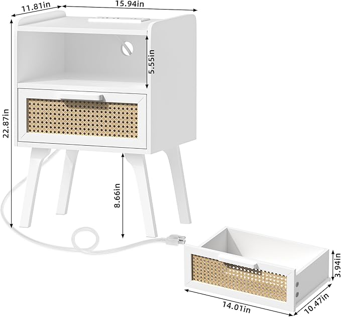 Lerliuo Rattan Nightstands Set of 2 with Charging Station, White Bedside Tabl...