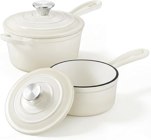 2 Pcs Enameled Sauce Pan with Lid, Leonyo 1 Qt & 2 Qt Cast Iron Saucepan Set by Leonyo