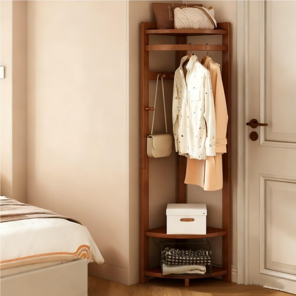 Bamboo Corner Coat Rack, Floor-Standing Clothing Rack with Hooks(Brown) | Sto...