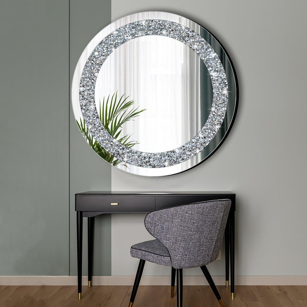 QMDECOR Round Wall Mirror 28x28 inch Crystal Crush Diamond Decor for Home Dec...