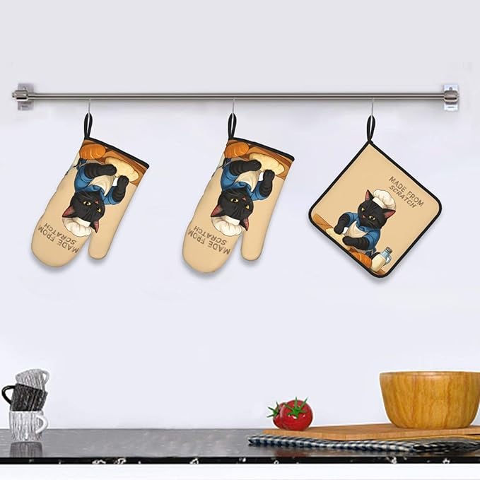 Funny Black Cat Oven Mitts and Pot Holders Set, Heat Resistant Cute Oven Gloves - Image 6