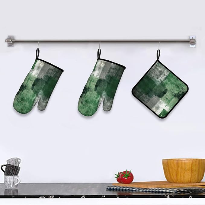 LOKMU Oven Mitts and Pot Holders Set of 3, Emerald Green and Grey White - Image 5