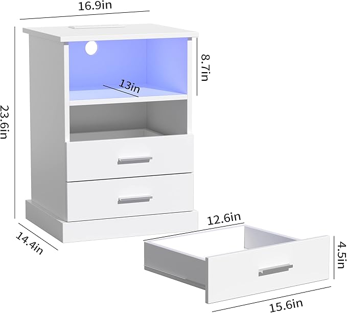 Nightstand with Charging Station, LED Lights Side Table with 3 Drawers, End T...