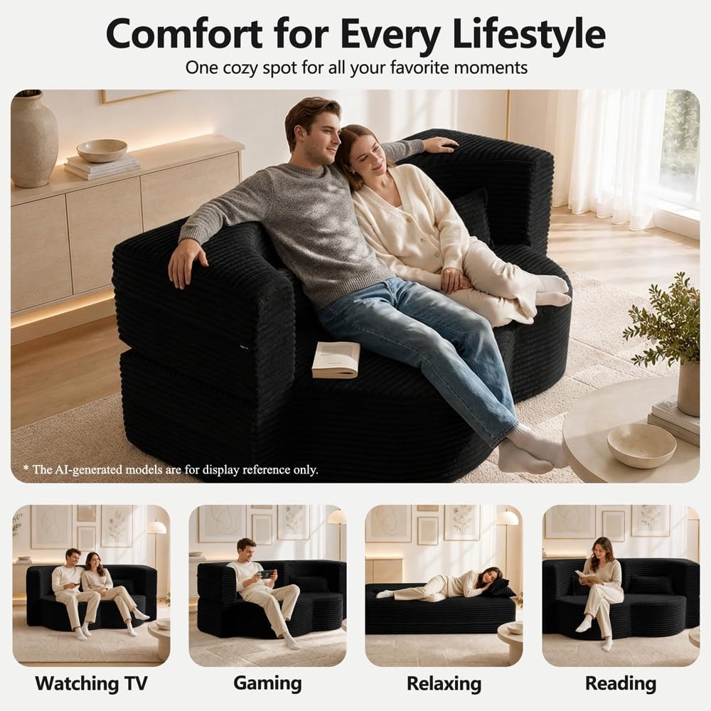 78" Futon Sofa Bed, Full Size Boneless Corduroy Couch Bed (Black)