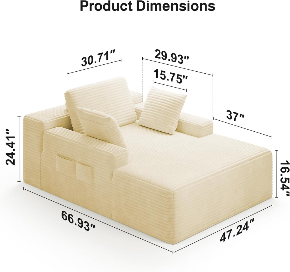 67" Boneless Chair, Chaise Lounge Chair Indoor with 3 Pillows, Beige