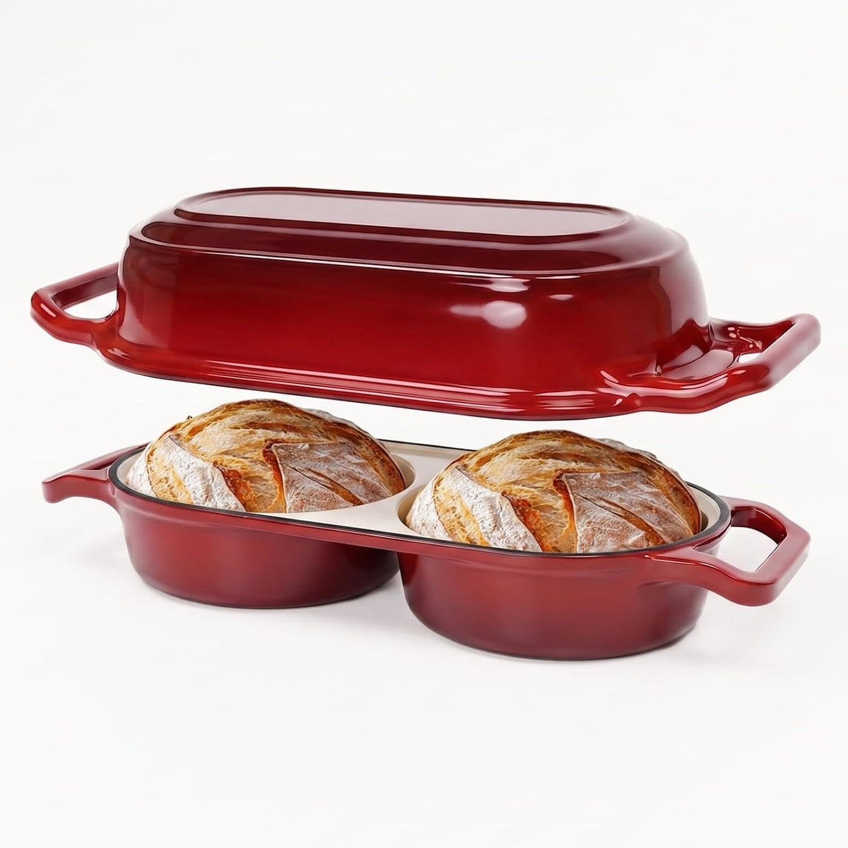 Double Dutch Oven Pot with Lid, Enameled Cast Iron Bread Loaf Pan, Dutch Oven