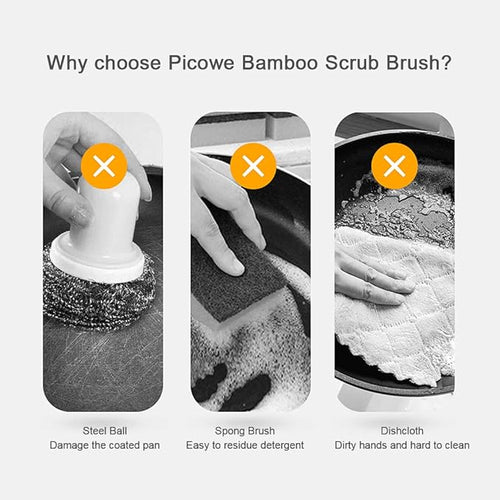 2 Pack Bamboo Dish Scrub Brush, Picowe Natural Scrub Cleaning Brush Vegetable - Image 2