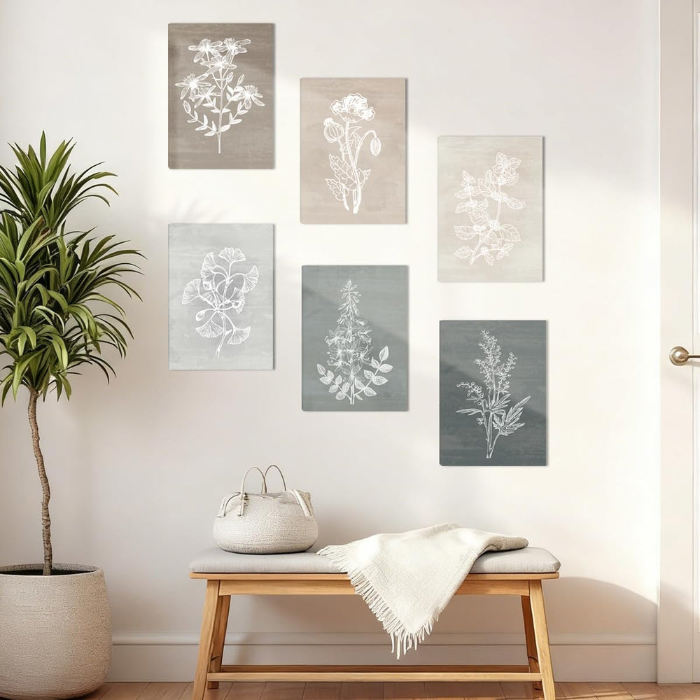 BINCUE Neutral Botanical Canvas Wall Art Simple Plant Wall Decor Rustic Flowe...