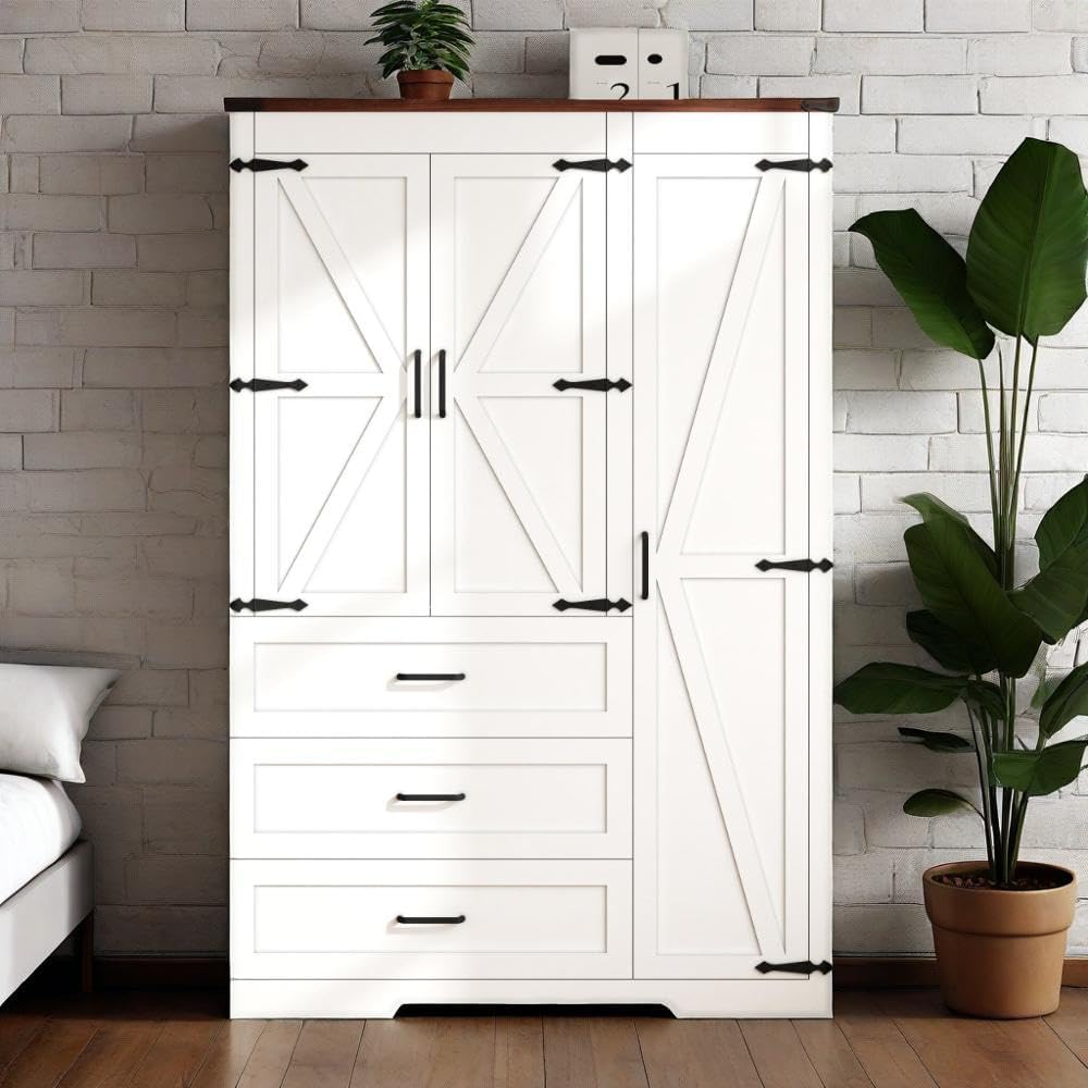 70" Tall Wardrobe Closet with 3 Doors & 3 Drawers, Farmhouse Armoire...