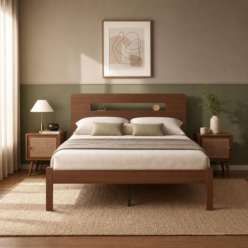 14" Bamboo Wood Full Size Bed Frame with Storage Headboard