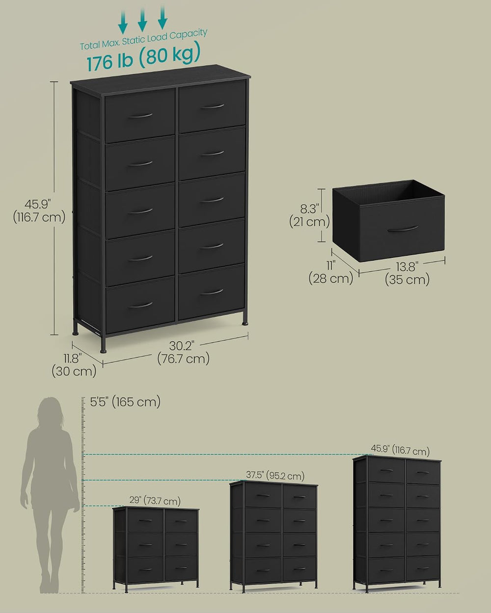 SONGMICS Dresser for Bedroom, Tall Dresser with 10 Fabric Drawers