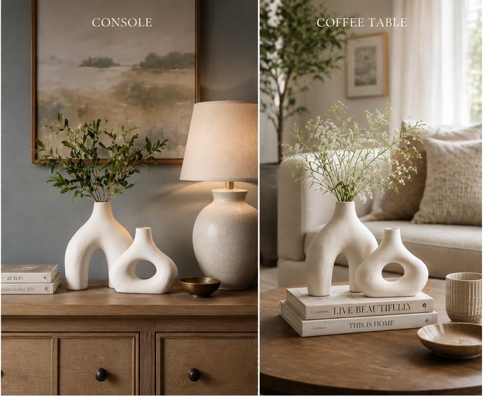 Carrot's Den Ceramic Modern Vase Set of 2, Donut Shelf Decor, Warm White