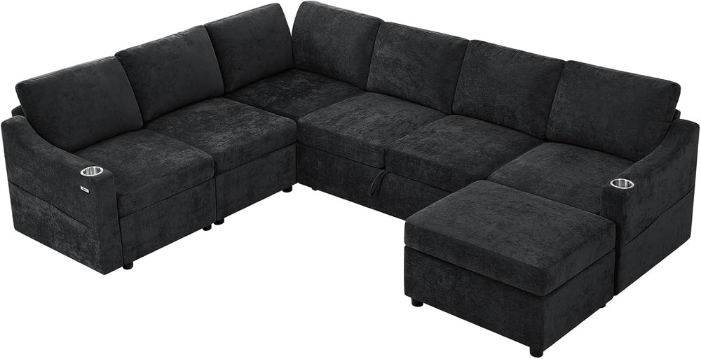 116" Chenille Modular Sofa Bed w/Adjustable Backrests, Black