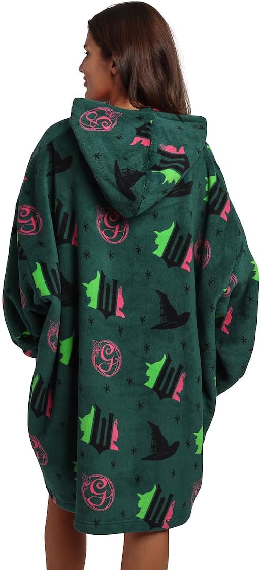 Bioworld Wicked Part 1 Witch & Glinda Seal All-Over Print Adult Green Long Sleeve Comfy Hooded Blanket
