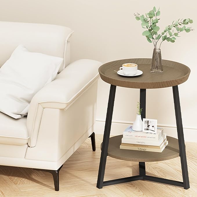 Gadroad Round End Table with Storage Shelf, 2 Tier Farmhouse Side Table Night...