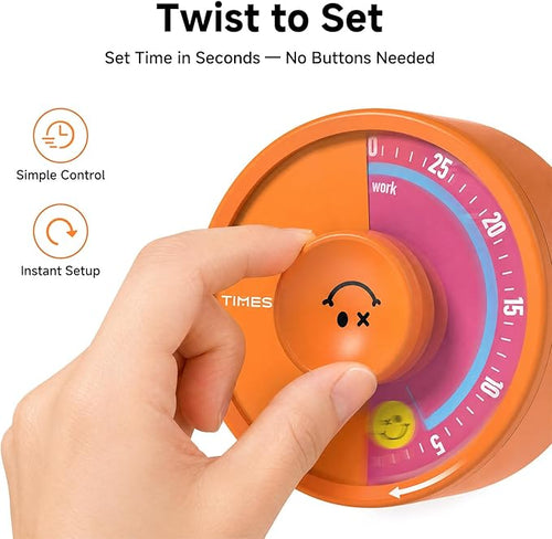 60-Minute Visual Timer, Twist to Set, Loud Battery-Powered Alarm, Bright Rotary - Image 2