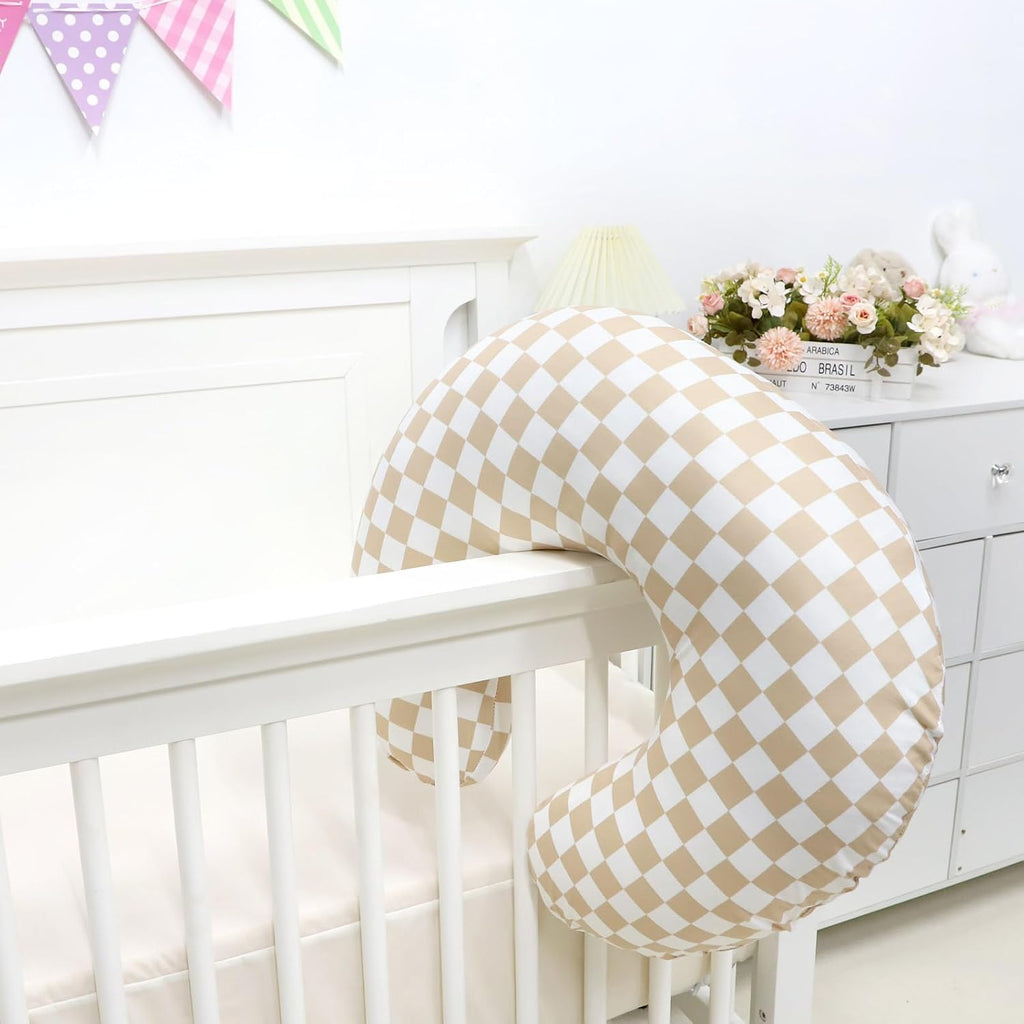 DILIMI Nursing Pillow Cover, Stretchy Removable Case for Breastfeeding Pillows, Ultra Soft Comfortable Slipcover for Baby Girl and Boy, Light Brown Checkerboard