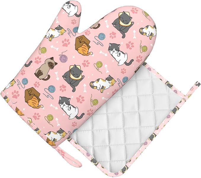 Cute Cats Oven Mitts and Pot Holders Sets Heat Resistant Non-Slip Silicone Oven - Image 3