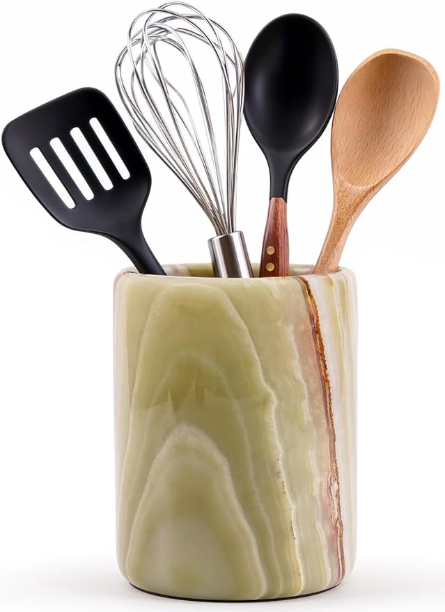 Marble Utensil Holder 6.5 Inch Green Wooden Cooking Utensils Set & Spatula by SPESHSTONES