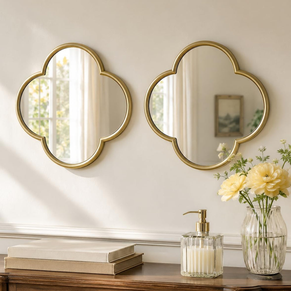 2 Pack Clover Wall Mirrors, Real Glass Decorative Mirrors with Metal Frame, 1...