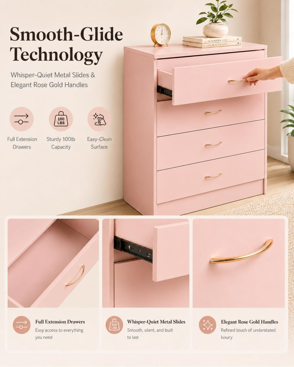 Karl home Pink 4 Drawer Dresser, Modern Small Chest of Drawers