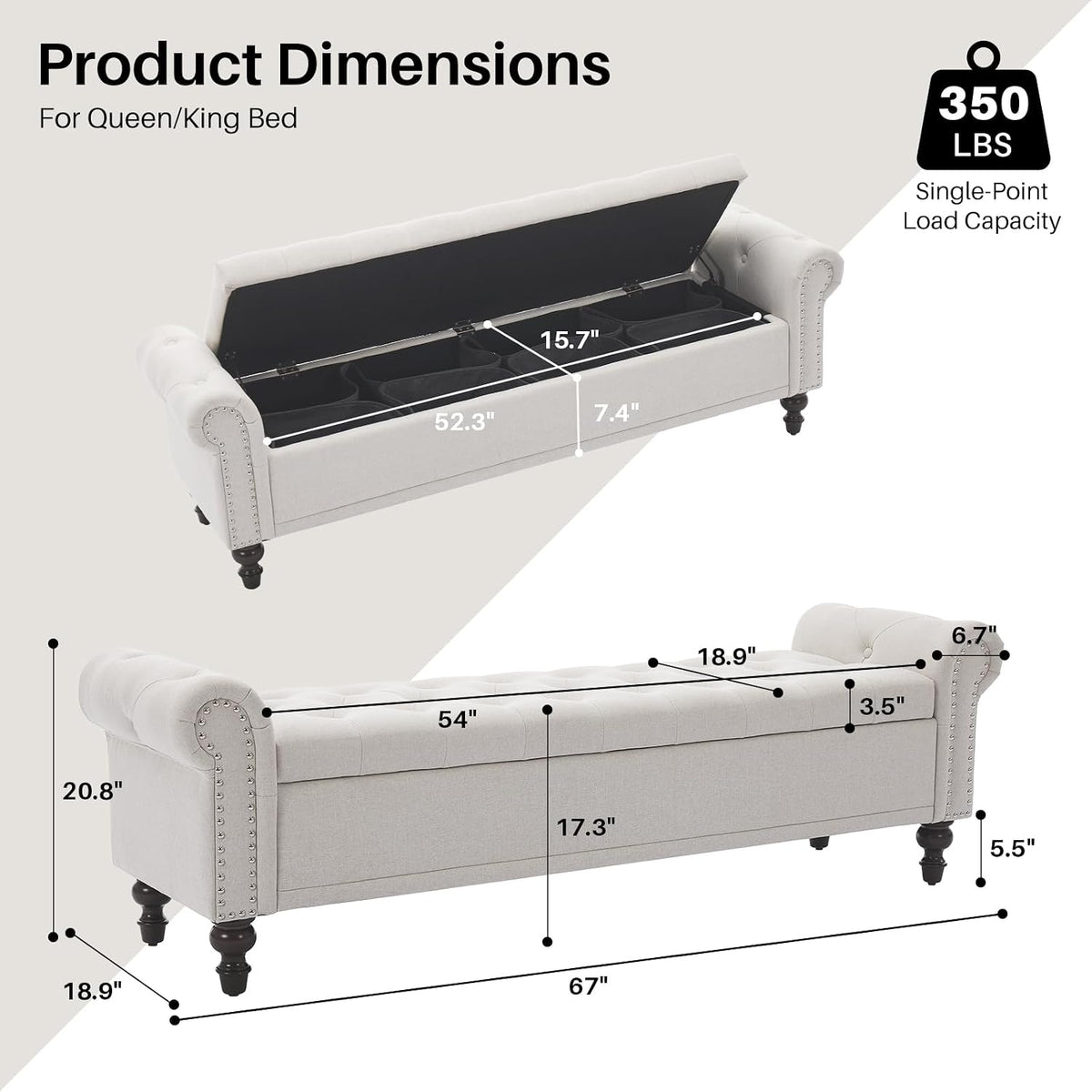 SOFTHION 67" Storage Bench for Bedroom, Linen Upholstered, Beige