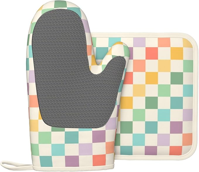 Vintage Checkered Silicone Oven Mitts Pan Mats Set of 2, Heat Resistant Gloves - Image 2