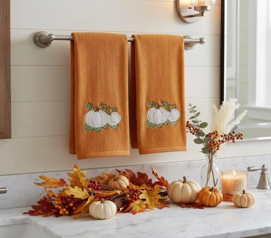 Fall Rust Bathroom Guest Hand Towels, Embroidered Pumpkin Leaf, 16x25 " | Set of 2, 100% Cotton Velour, Autumn Farmhouse Decor for Bath or Kitchen, Perfect for Parties & Gifts