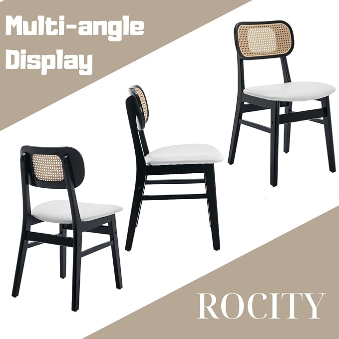 Rattan Dining Chairs Set of 4 Black Wooden Dining Room Chairs White Faux Leat...