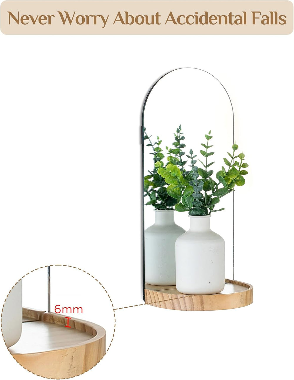 Arch Mirror Wall Candle Holder Set of 2 with Natural Wood Shelf