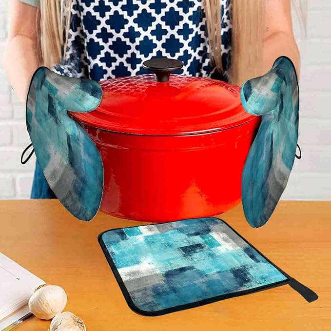 LOKMU Oven Mitts and Pot Holders Set of 3, Teal and Grey White Abstract Art - Image 6