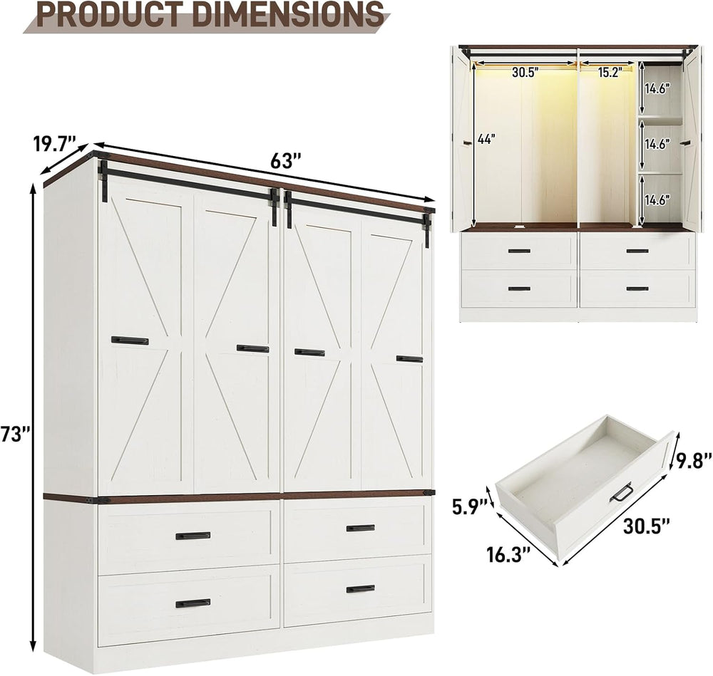Farmhouse 4 Doors Armoire Wardrobe Closet w/Folding Sliding Barn Door and Lig...