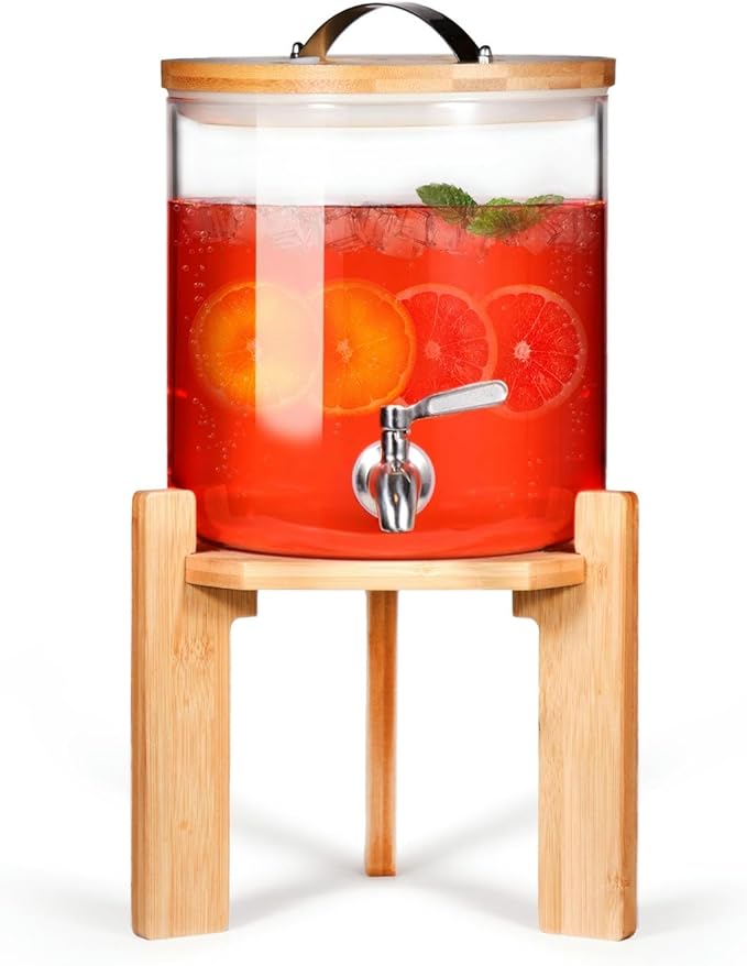 Glass Beverage Dispenser with Bamboo Stand 6.7 In and Lid, Iced 1.5 Gallon by StrirumoHome