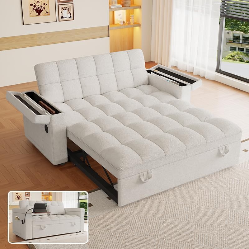 65" Futon Sofa Bed with USB Charging Ports, Adjustable Backrest
