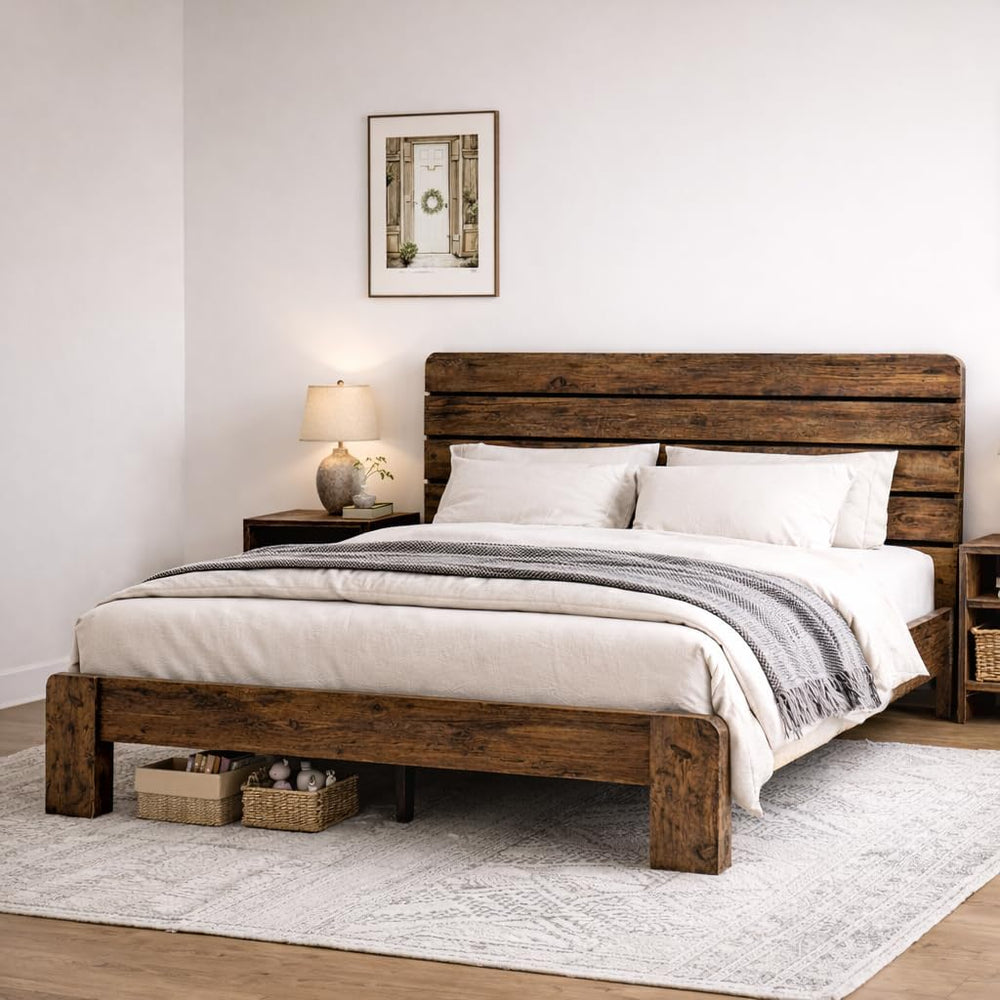 Wooden Full Size Bed Frame with Linear Headboard, Rustic Platform