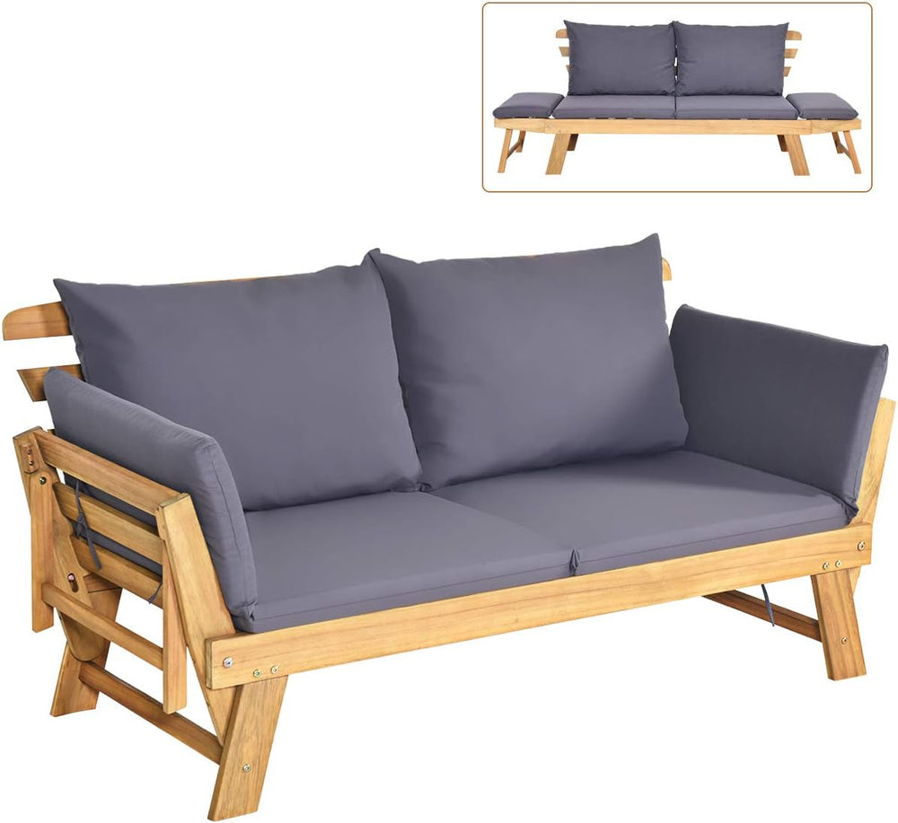 Tangkula Convertible Acacia Wood Patio Sofa Bed with Adjustable Armrest