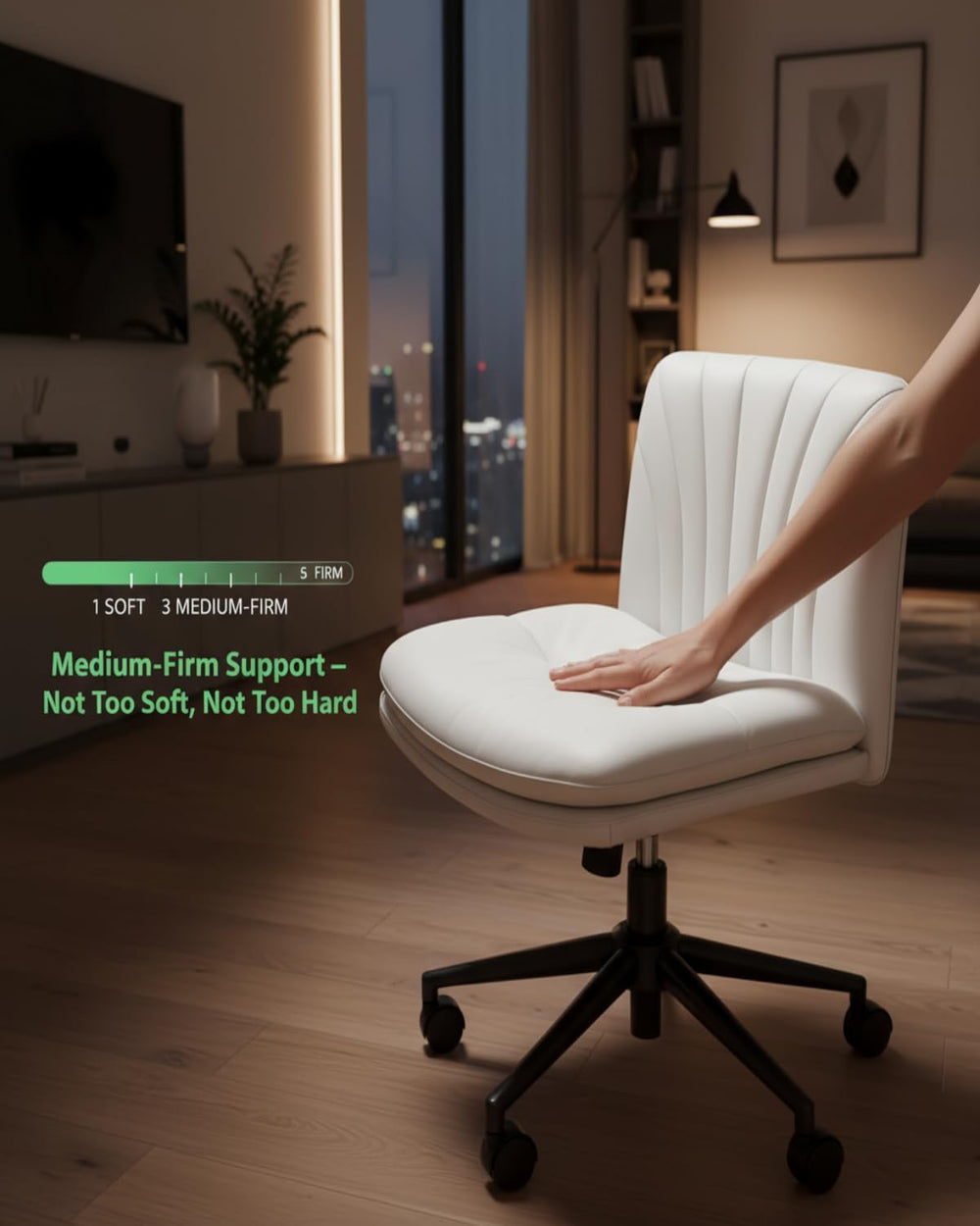 Marsail Armless-Office Desk Chair with Wheels: PU Leather Cross Legged Wide C...