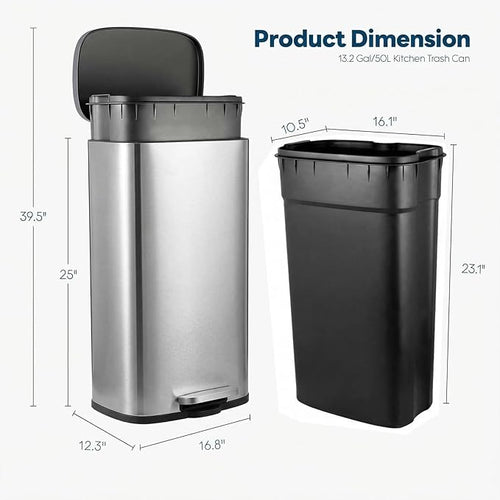 13.2 Gal Kitchen Trash Can, 50L Recycling or Garbage Bin, Brushed Stainless - Image 2