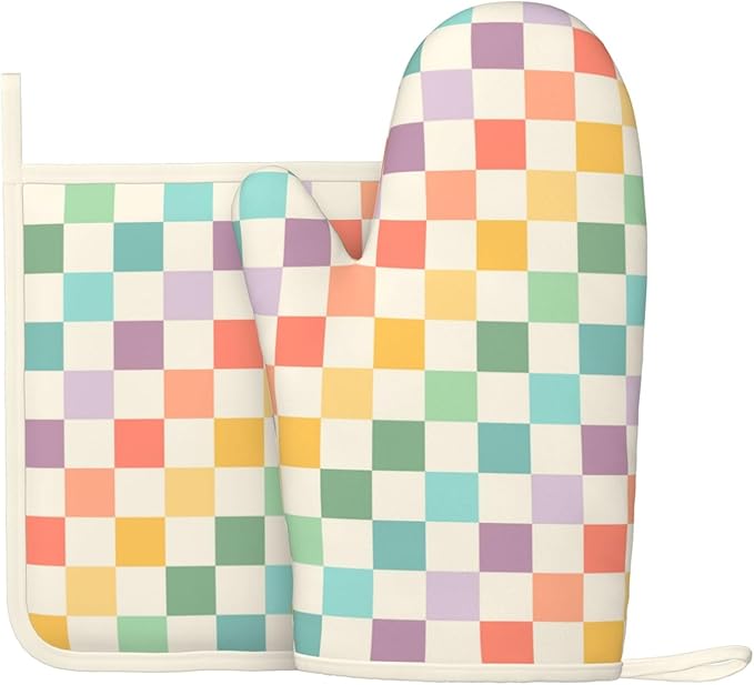 Vintage Checkered Silicone Oven Mitts Pan Mats Set of 2, Heat Resistant Gloves by Cayiibe
