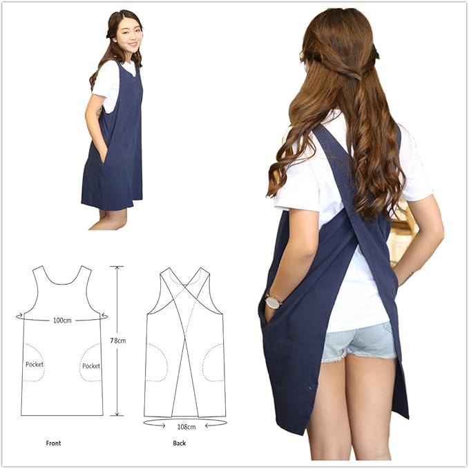 Cotton Linen Japanese Apron Halter Cross Back Bandage X Shape Aprons Two Pockets - Image 3