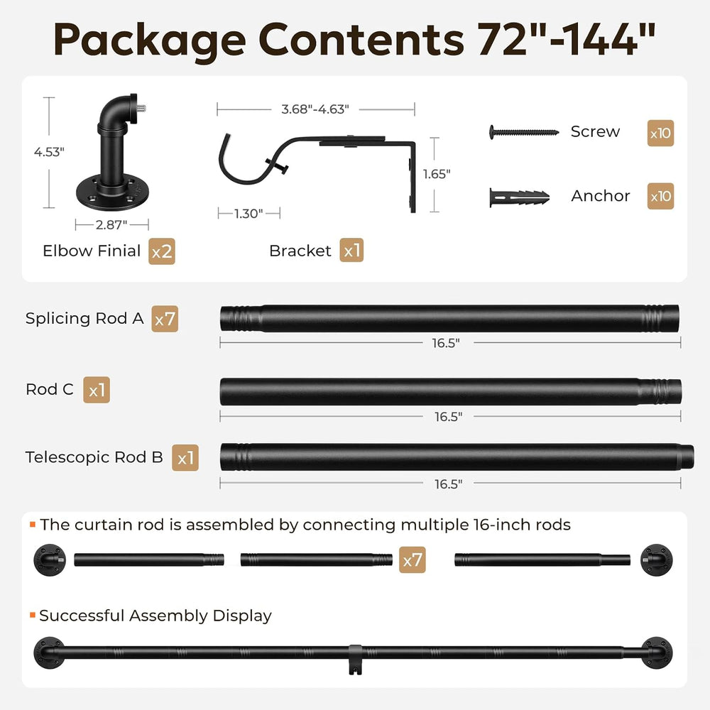 Curtain Rods 72-144 Inch, 1 Inch Industrial Black Curtain Rod