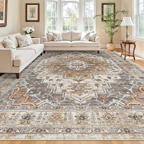 Madane 8x10 Area Rugs for Living Room, Non-Slip Washable Rug, Turmeric/Grey