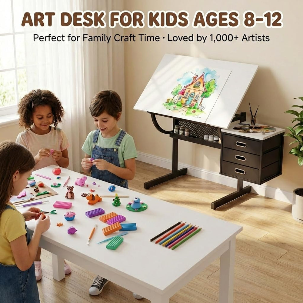 Drafting Table with Storage, Adjustable Art Desk & Art Table with Stool, ...