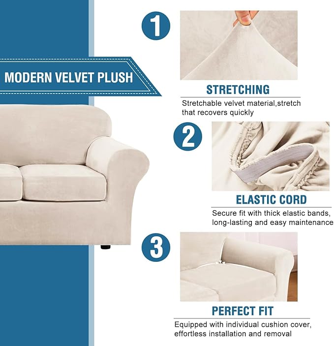 H.VERSAILTEX Modern Velvet Plush 4 Piece High Stretch Sofa Slipcover Sofa Cover - Image 3