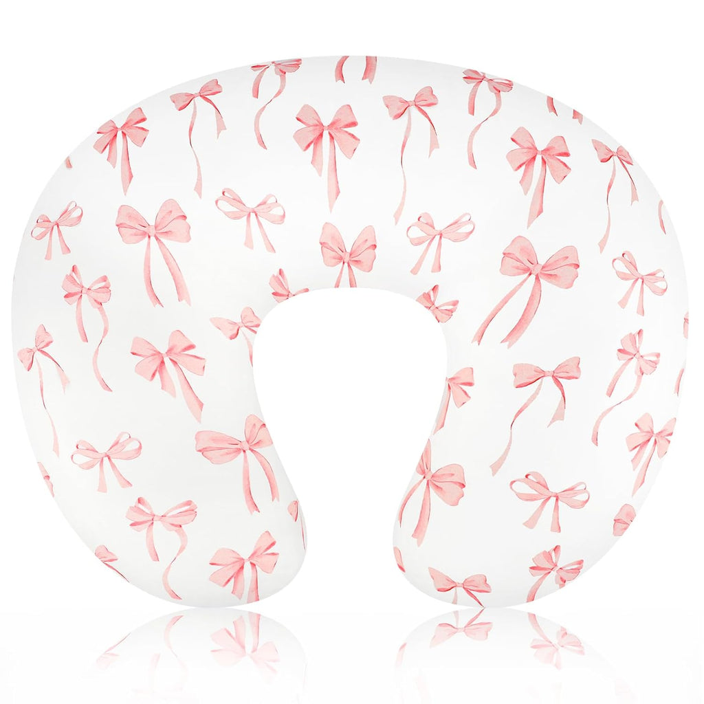 Nursing Pillow Cover, Removable Nursing Covers for Breastfeeding Pillows, Stretchy and Soft Fit for Baby Girls Boys Newborn, Pink Bow(Only Cover)