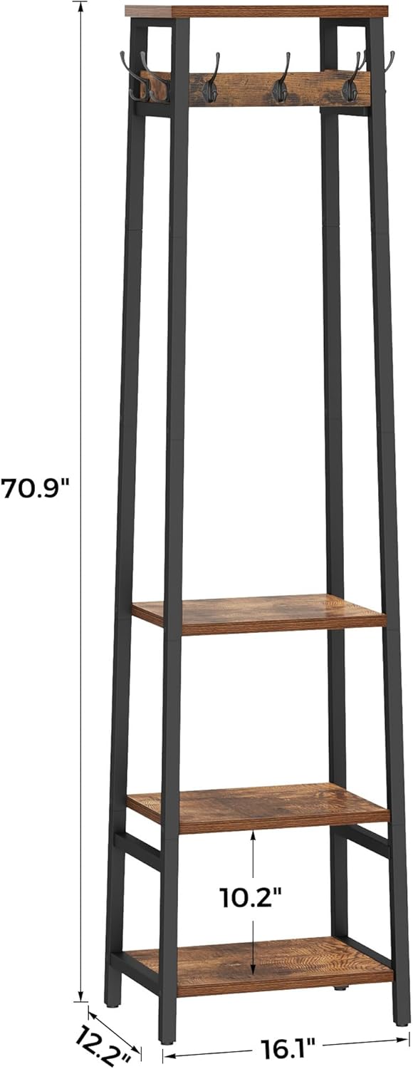 Coat Rack Freestanding, Coat Stand with 3 Shelves and 7 Hooks, Hall Tree Free...