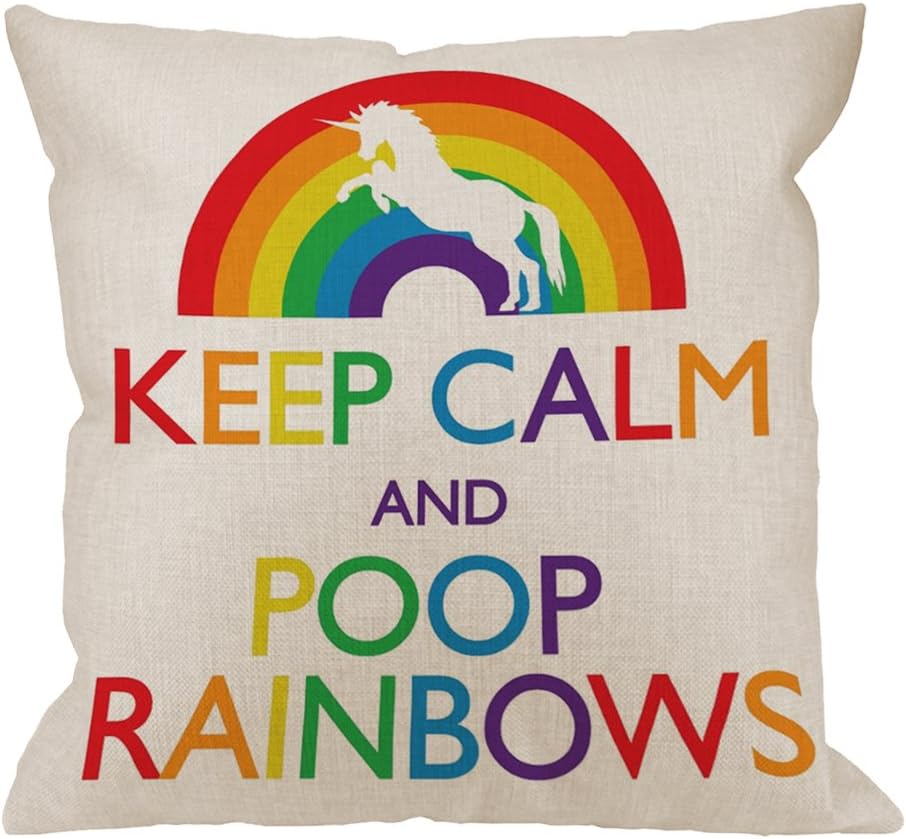 HGOD DESIGNS Throw Pillow Case Keep Calm and Poop Rainbows Unicorn Cotton Linen Square Cushion Cover Standard Pillowcase for Men Women Home Decorative Sofa Bedroom Livingroom 18 x 18 inch