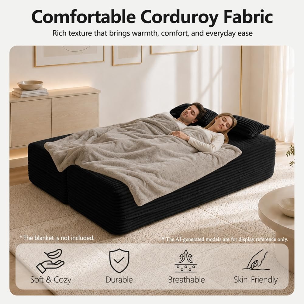 78" Futon Sofa Bed, Full Size Boneless Corduroy Couch Bed (Black)