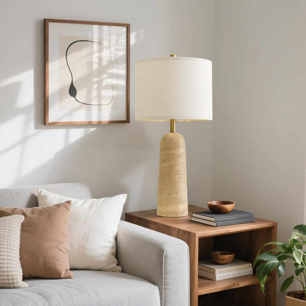 BOBOMOMO Modern Table Lamp Set of 2, Warm Beige Resin Lamp with Natural Stone...